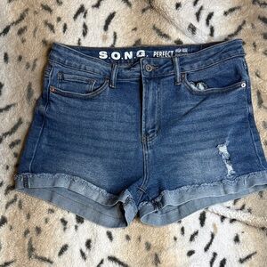 S.O.N.G. High-Rise Rolled Hem Jean Shorts - Dark Blue